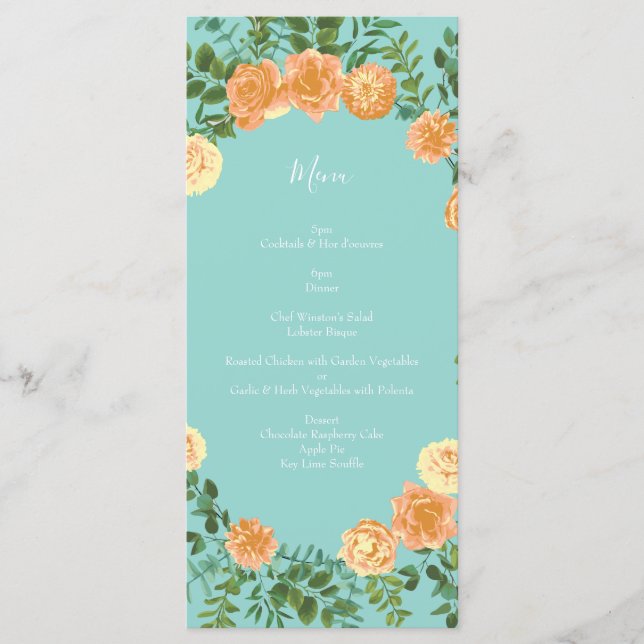 Peach & Aqua Peony & Rose Floral Mariage Menu (Devant)