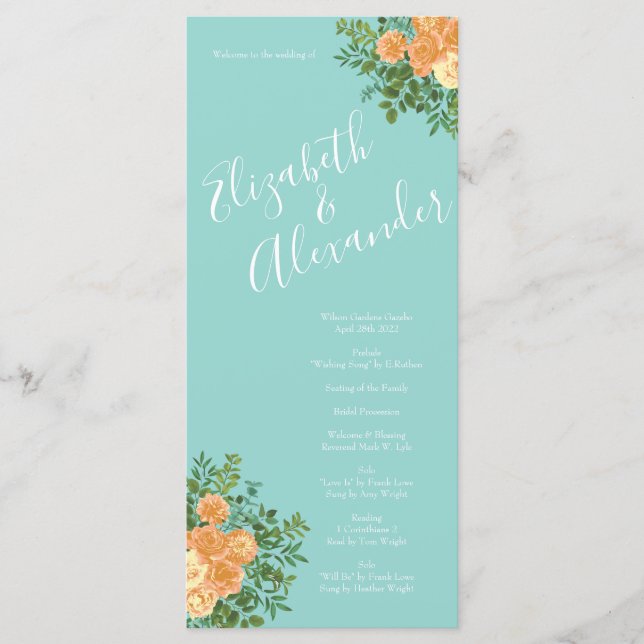 Peach & Aqua Peony & Rose Floral Wedding Programme (Devant)