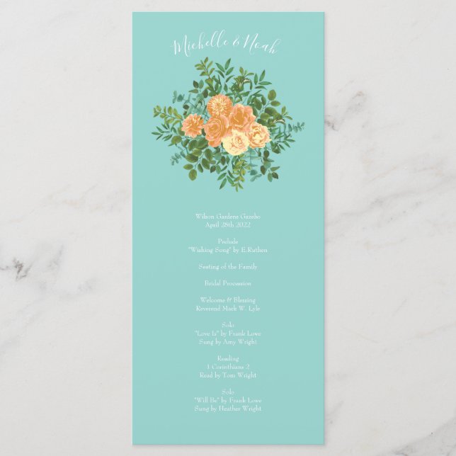 Peach & Aqua Peony & Rose Floral Wedding Programme (Devant)