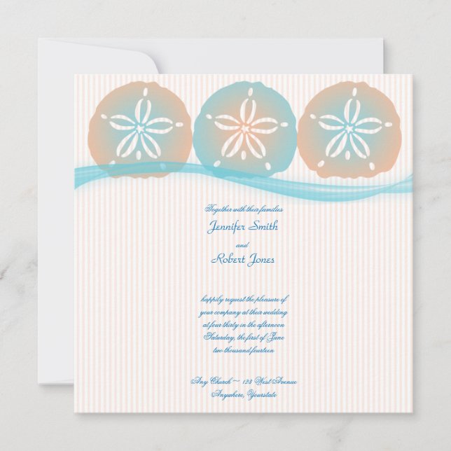 Peach Blue Sand Dollars Beach Wedding Invitation (Devant)