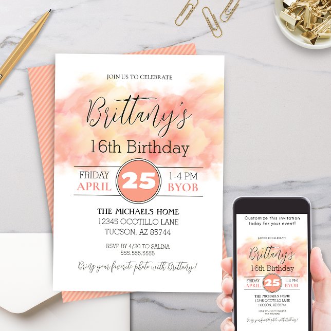 Peach Coral moderne 16th Any Birthday Invitation (Modern Elegant Peach Coral Birthday Party Invitation for sweet sixteen birthday party invites.)