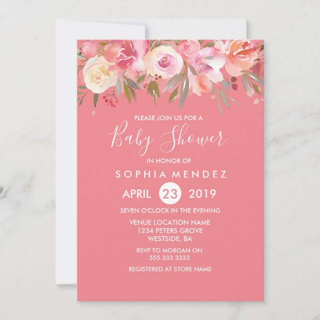 Peach Coral rose Aquarelle Baby shower Invitation (Devant)