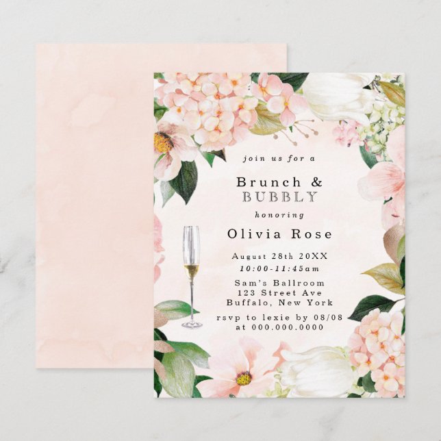 Peach Cream Hydrangeas Brunch & Bubbly Invitation (Devant / Derrière)