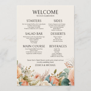 Peach Cream Watercolor Floral Mariage Menu