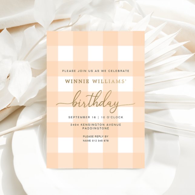 Peach En vichy Anniversaire Gold Foil Invitation (Birthday Invitation )