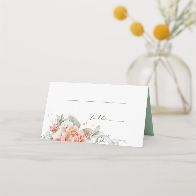 Peach et White Floral Mariage Cartes de Place (Devant)