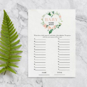 Peach Floral Baby Name Race Baby shower Jeu