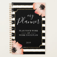 Peach Flower Strips Black White Gold Planner