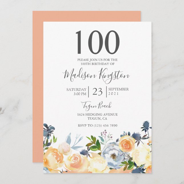Peach Flowers Jolie 100e Invitation de fête d'anni (Devant / Derrière)