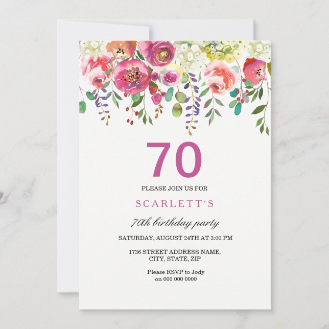 Peach Flowers rose 70th Birthday Party Invitation (Devant)