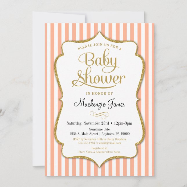 Peach Gold Baby shower Invitation Neutre Garçon Fi (Devant)