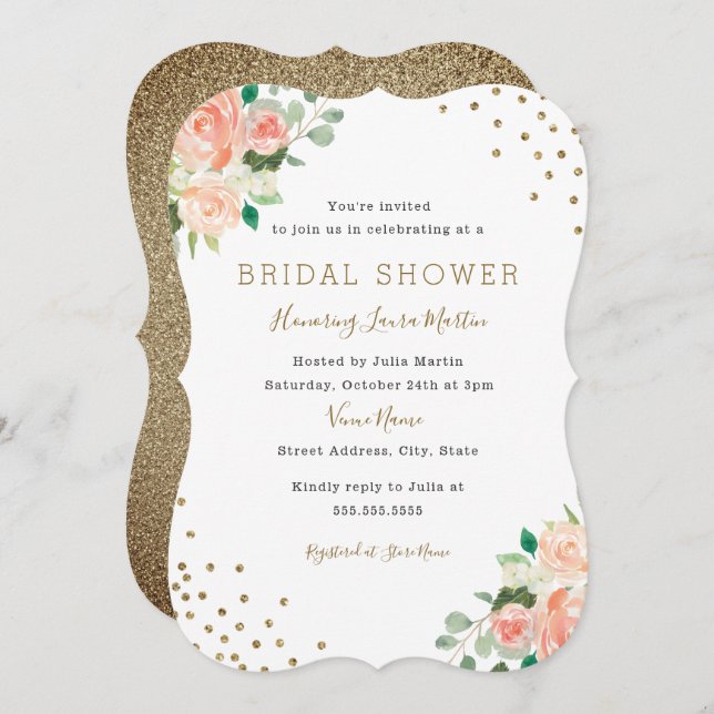 Peach Gold Floral Confetti Invitation Fête des mar (Devant / Derrière)