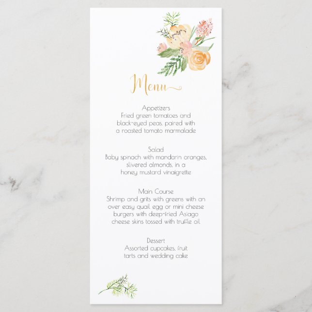 Peach Gold Rose Green Floral Cartes de menu (Devant)