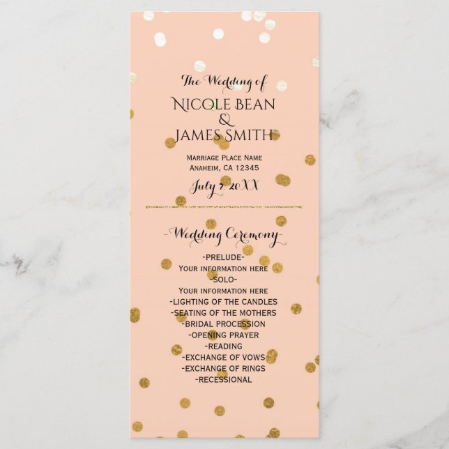Peach & Gold Shiny Faux Foil Confetti Programme Ra (Devant)