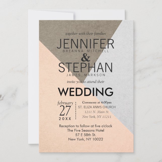 Peach Grey Brown Geo Triangles Mariage Invitations (Devant)