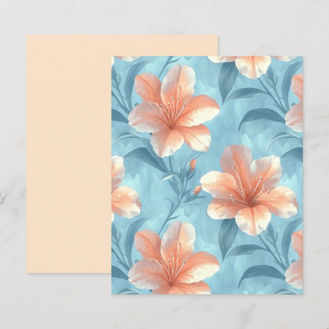 Peach Hibiscus Floral on Soft Blue Scrapbook Paper (Devant / Derrière)
