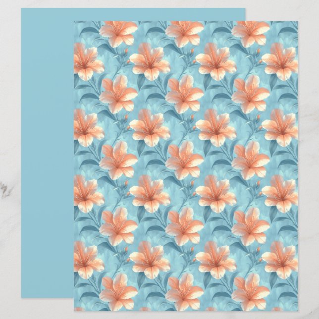 Peach Hibiscus Floral Scrapbook Paper (Devant / Derrière)