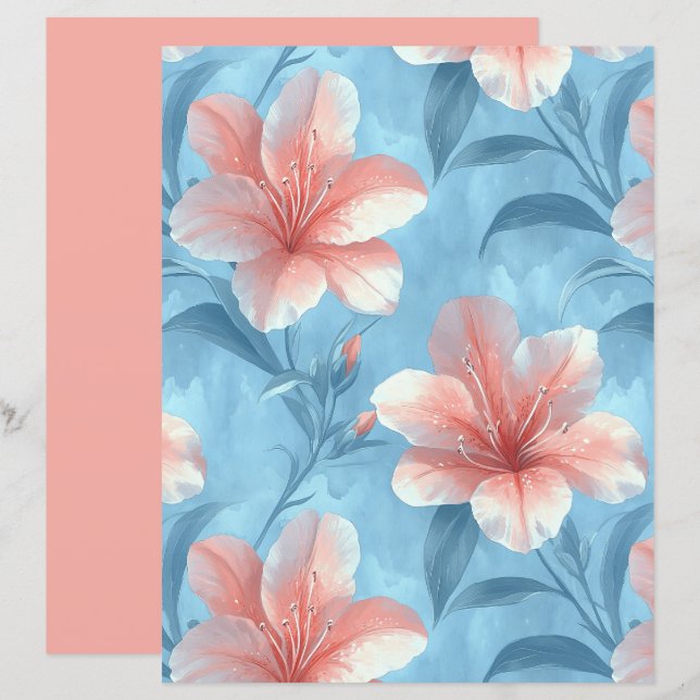 Peach Hibiscus Floral Scrapbook Paper (Devant / Derrière)