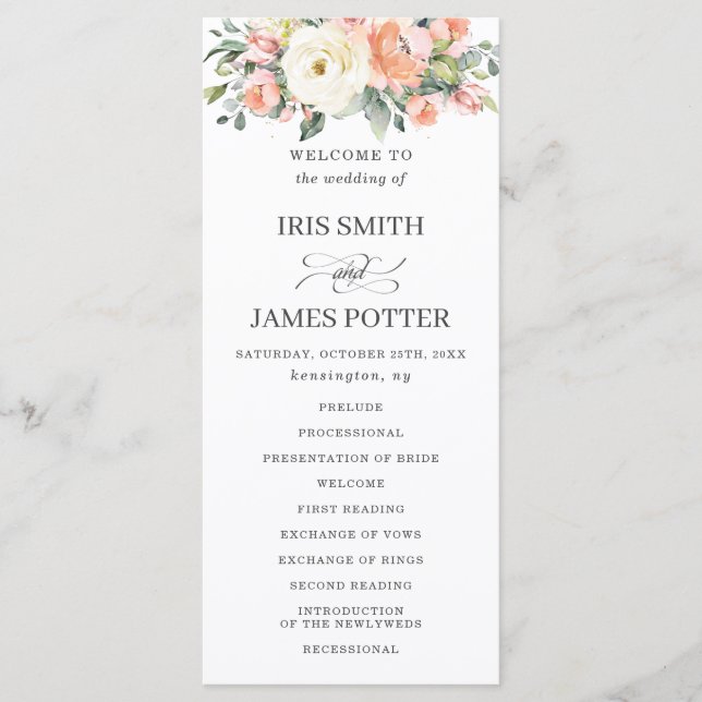 Peach Ivory White Pink Floral Wedding Programme (Devant)