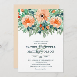Peach Jade Turquoise Floral Aquarelle Mariage Invi