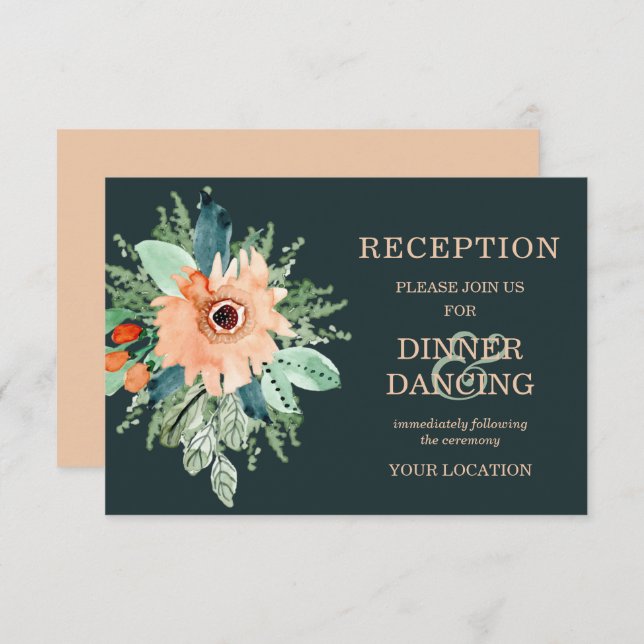 Peach Jade Turquoise Floral Mariage Cartes de Réce (Devant / Derrière)