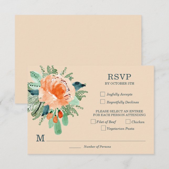 Peach Jade Turquoise Floral Wedding Cartes RSVP (Devant / Derrière)