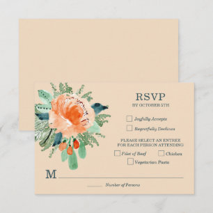 Peach Jade Turquoise Floral Wedding Cartes RSVP