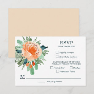 Peach Jade Turquoise Floral Wedding Cartes RSVP