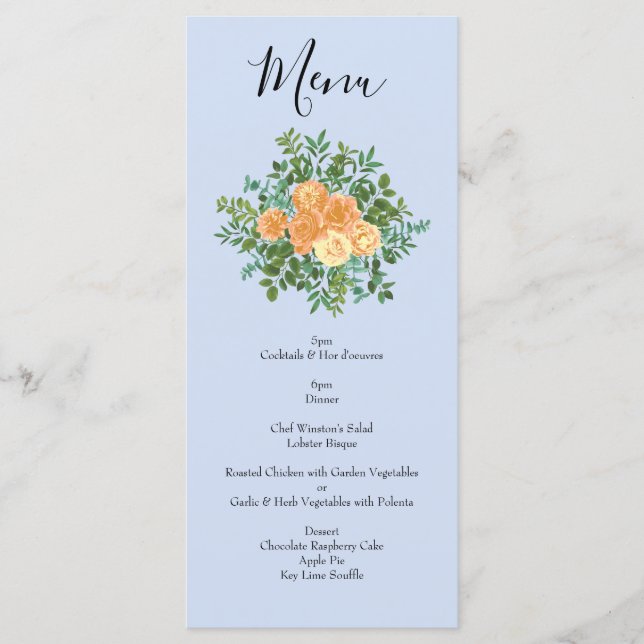 Peach Light Blue Peony & Rose Floral Mariage Menu (Devant)