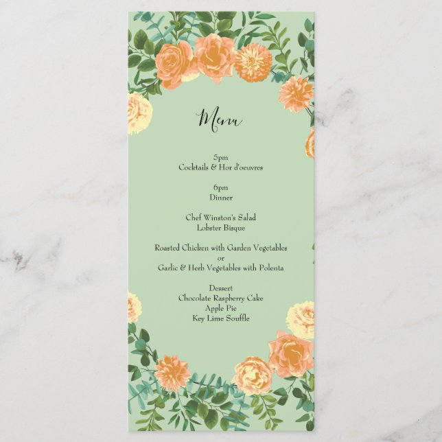 Peach Light Green Peony & Rose Floral Mariage Menu (Devant)
