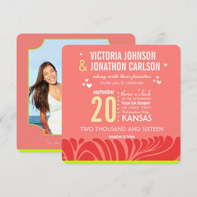 Peach, Lime and Berry Art Deco Wedding Invitations (Devant / Derrière)