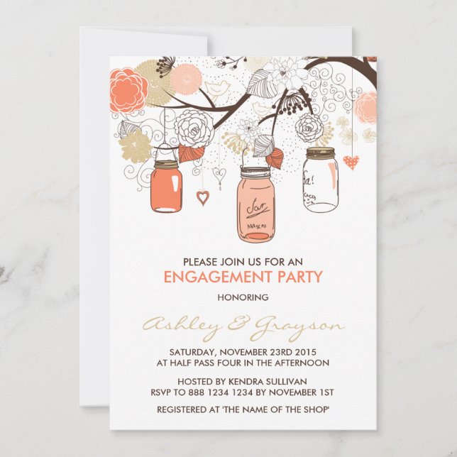 Peach Mason Jars Invitation de la partie d'engagem (Devant)