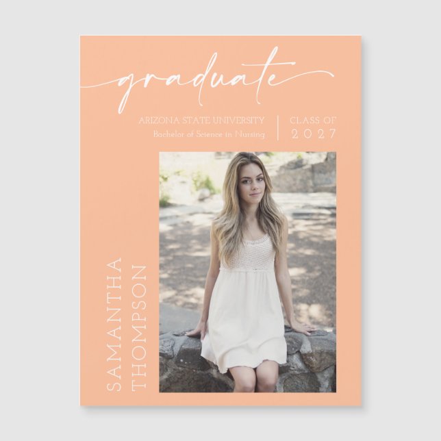 Peach Minimalist Script Photo Graduate Magnet (Devant)