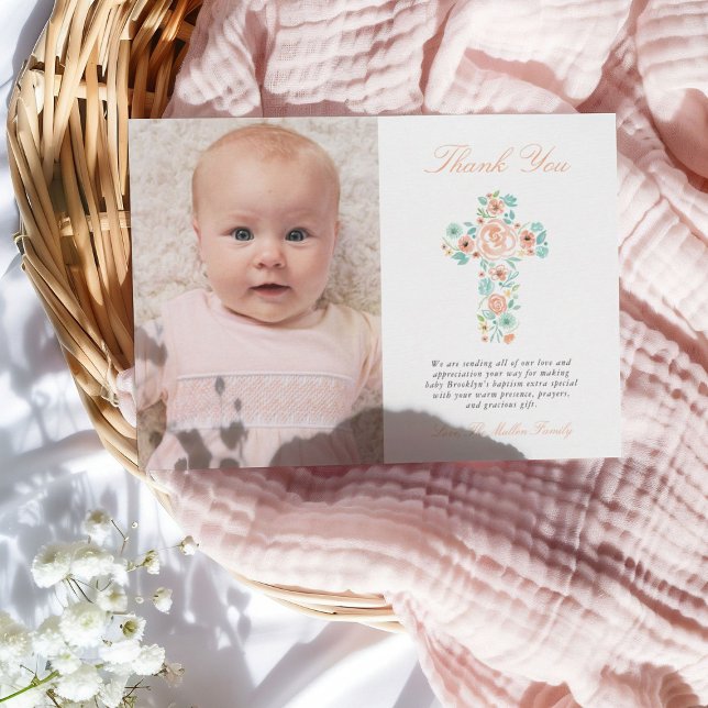 Peach & Mint Floral Cross Baptism Merci photo (Créateur téléchargé)