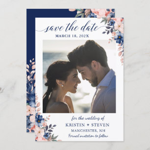 Peach Navy Blue Floral Photo Enregistrer La Carte 