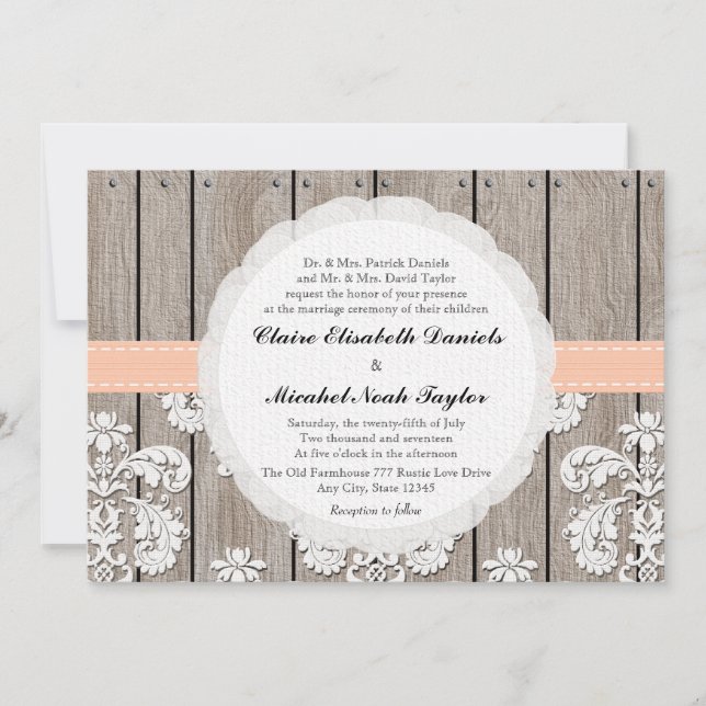 Peach Pale Coral Lace Mariage Invitations (Devant)