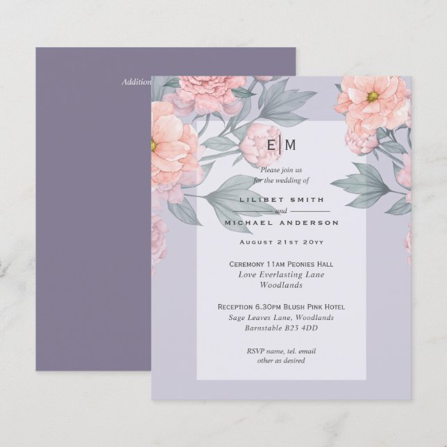 Peach PEONIES Blue Wedding Inviter BUDGET (Devant / Derrière)