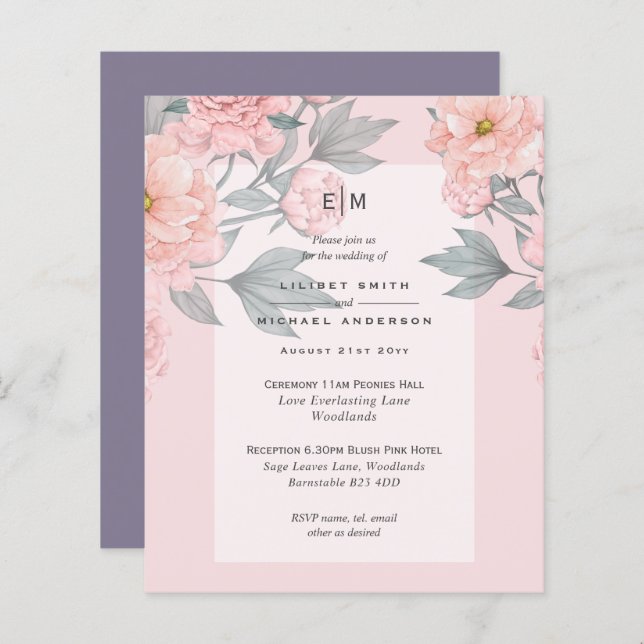Peach PEONIES Lilac Mariage Inviter BUDGET (Devant / Derrière)