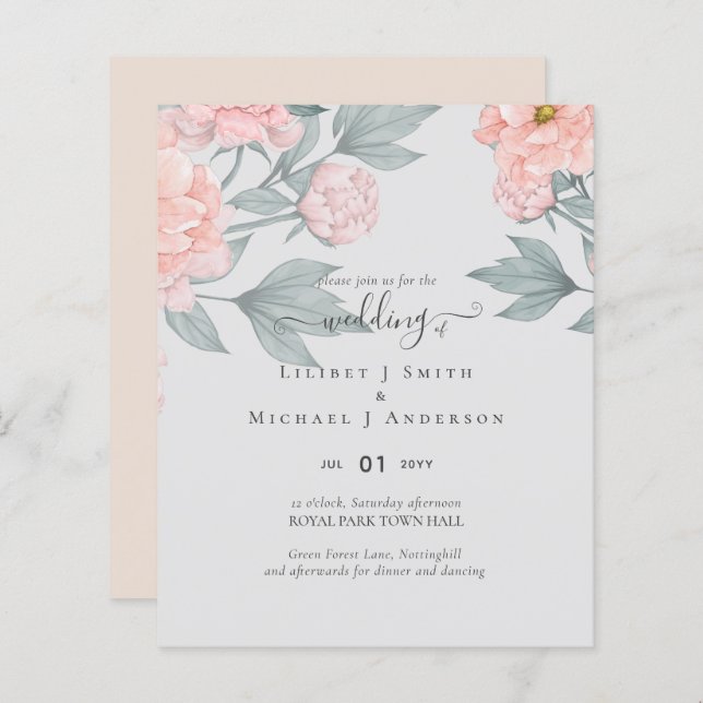 Peach Peonies Sage Floral Budget Mariage (Devant / Derrière)