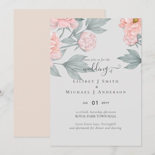 Peach Peonies Sage Floral Budget Mariage (Devant / Derrière)