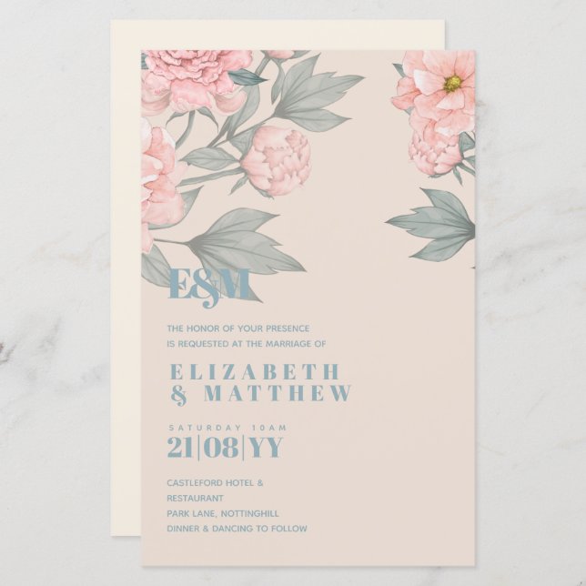Peach Peonies Sage Floral Budget Mariage (Devant / Derrière)