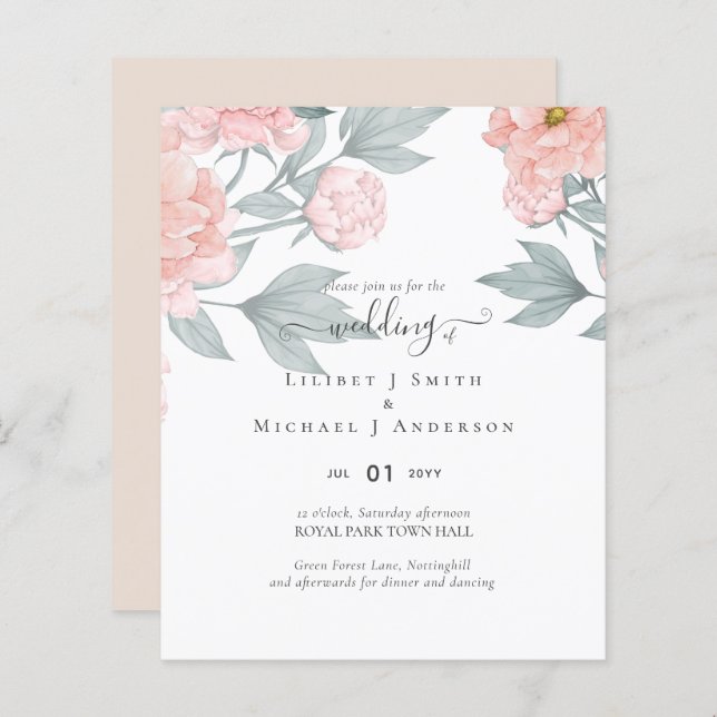 Peach Peonies Sage Floral Budget Mariage (Devant / Derrière)