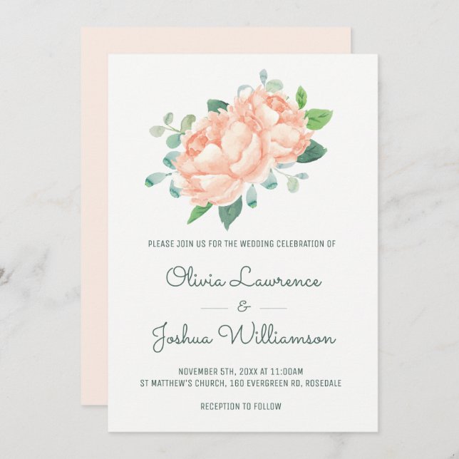 Peach Peony Aquarelle Mariage Invitations (Devant / Derrière)