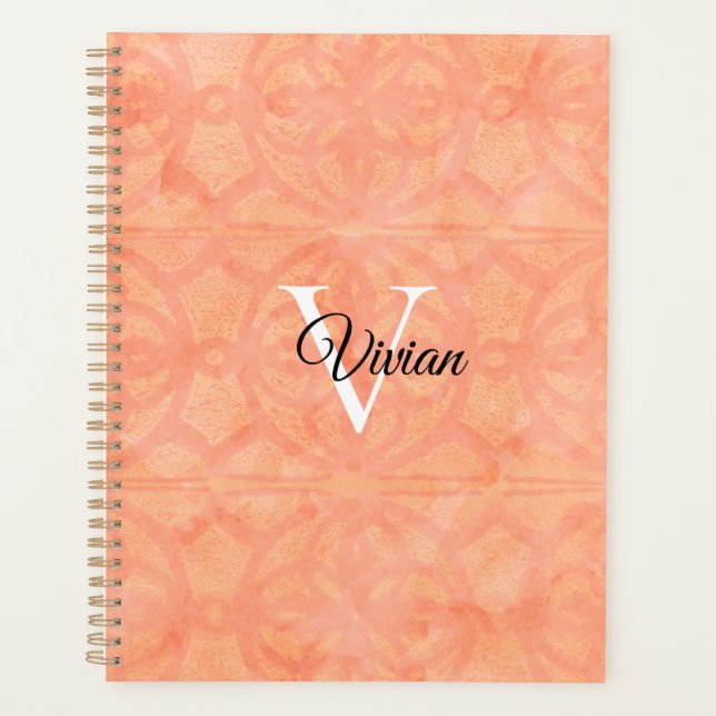 Peach Pink Batik Élégant Nom du monogramme (Devant)