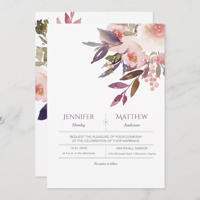 Peach Pink Lavender Aquarelle Mariage Invitations (Devant / Derrière)