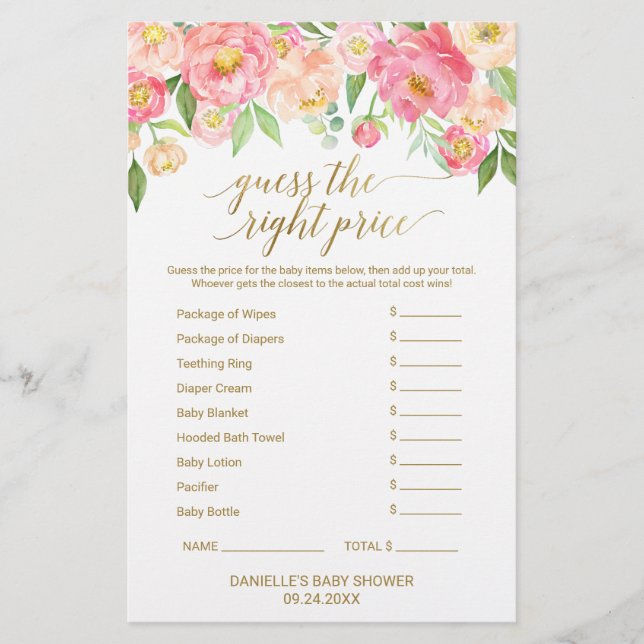 Peach & Pink Peony Baby Word Scramble & Price Jeu (Devant)