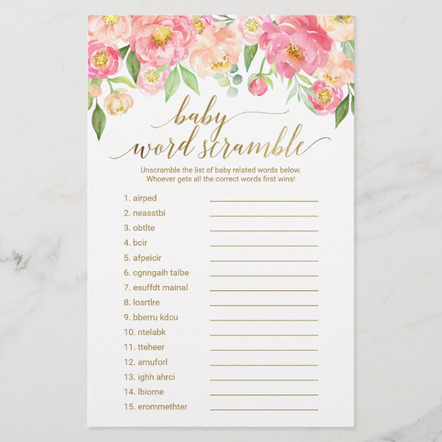 Peach & Pink Peony Flower Word Scramble Jeu (Devant)