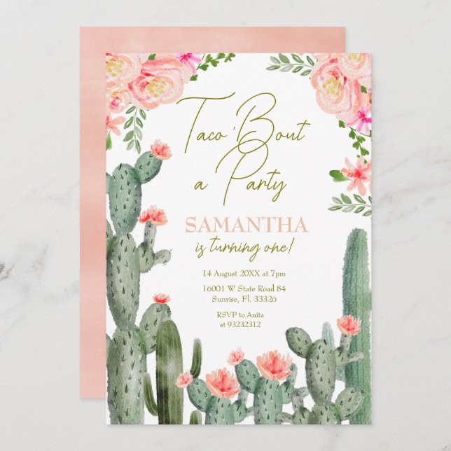 Peach Pink Taco Cactus Invitation Anniversaire (Devant / Derrière)
