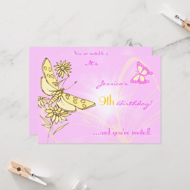 Peach Purple Butterfly Invitation Card (Devant/Arrière en situation)