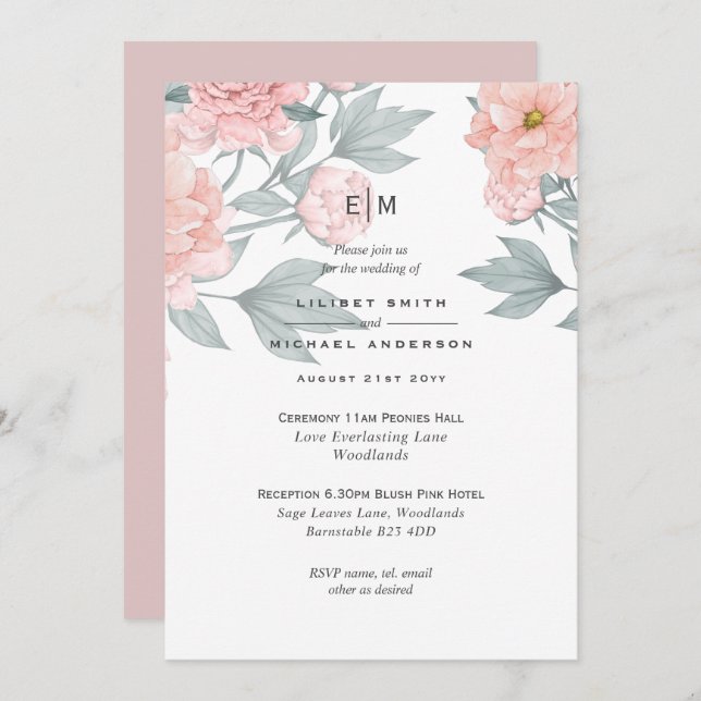 Peach Push Peach PEONIES Mariage Inviter Réception (Devant / Derrière)